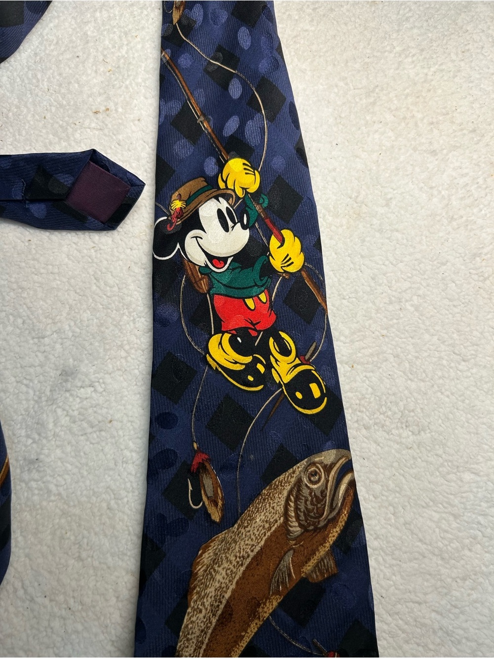 Disney Navy Blue Mickey Mouse Fishing Novelty Tie with Yellow & Red Accents